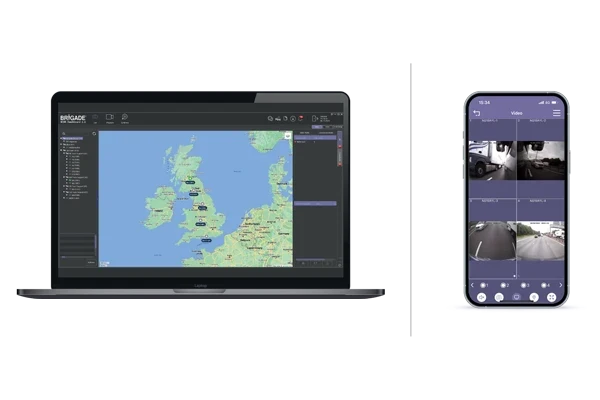 A laptop and a smartphone displaying a software interface for vehicle tracking and monitoring, shown on a plain white background.