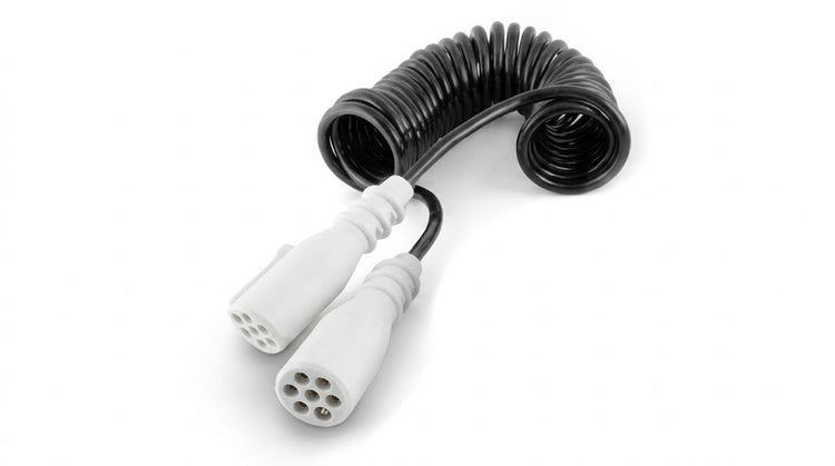 A black coiled cable with two beige multi-pin connector ends, shown on a plain white background.