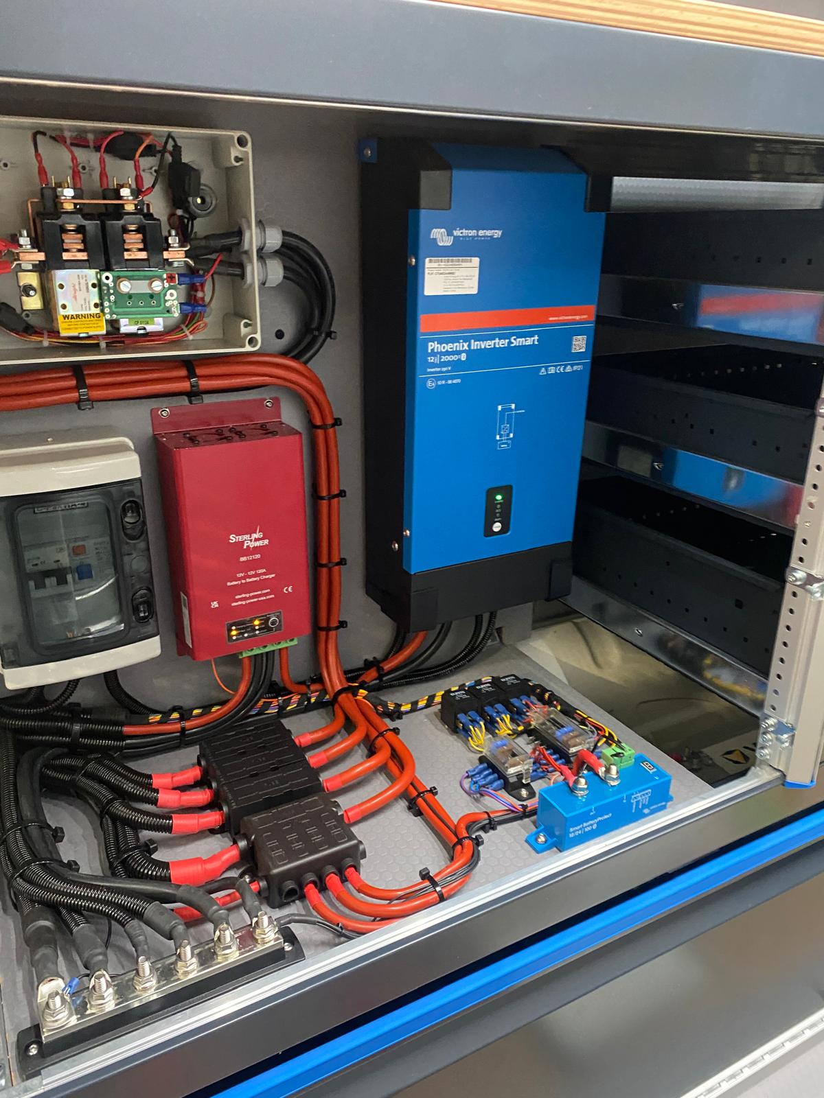 Van electrical cabinet showing a blue Phoenix Energy Smart Grid inverter, a red contactor, a main breaker, and thick orange and black cable runs inside a metal enclosure.